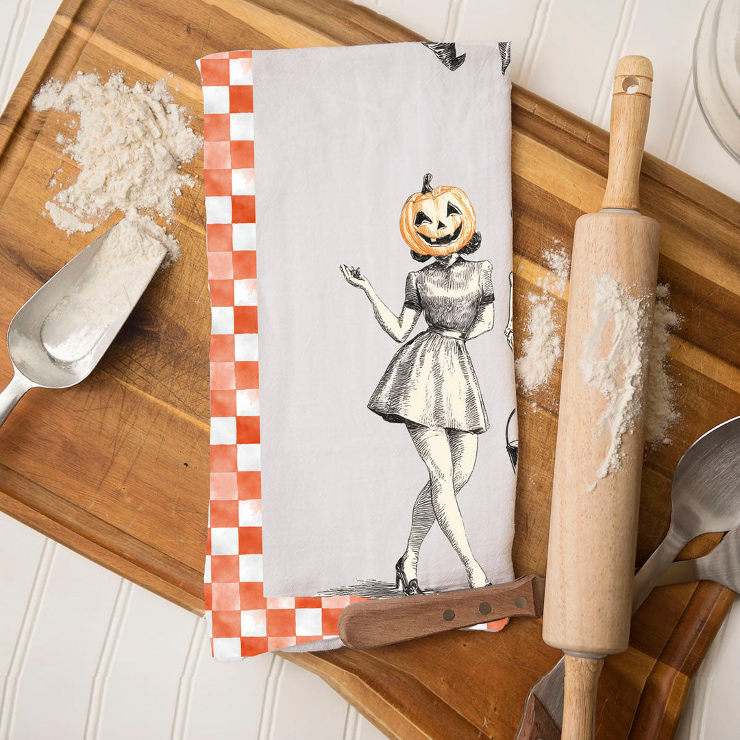 Vintage Halloween Trio Kitchen Tea Towel Pumpkin Skeleton Witch Decor Great Gift