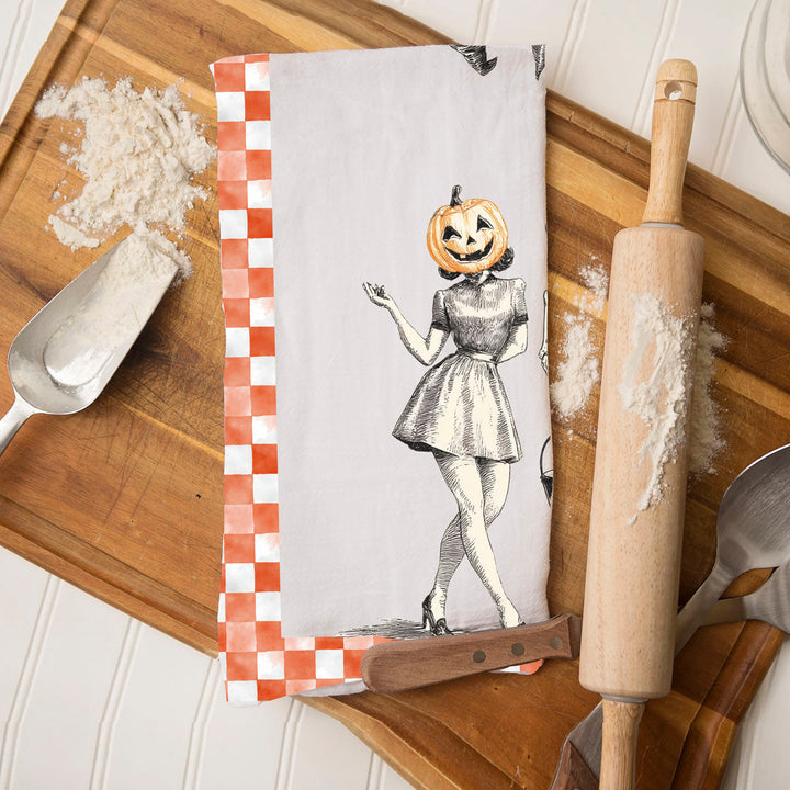 Vintage Halloween Trio Kitchen Tea Towel Pumpkin Skeleton Witch Decor Great Gift