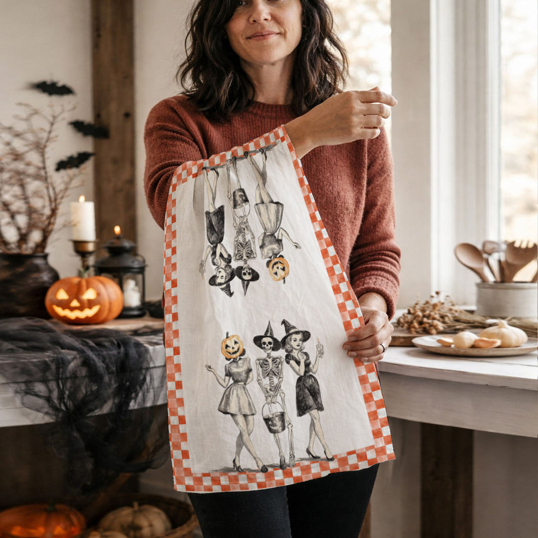 Vintage Halloween Trio Kitchen Tea Towel Pumpkin Skeleton Witch Decor Great Gift