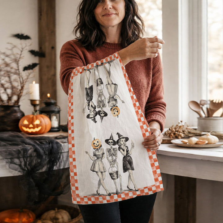 Vintage Halloween Trio Kitchen Tea Towel Pumpkin Skeleton Witch Decor Great Gift