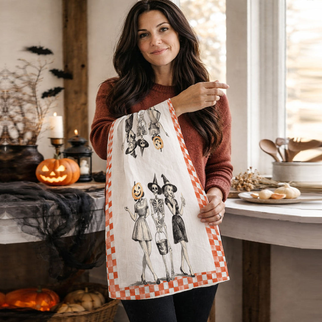 Vintage Halloween Trio Kitchen Tea Towel Pumpkin Skeleton Witch Decor Great Gift