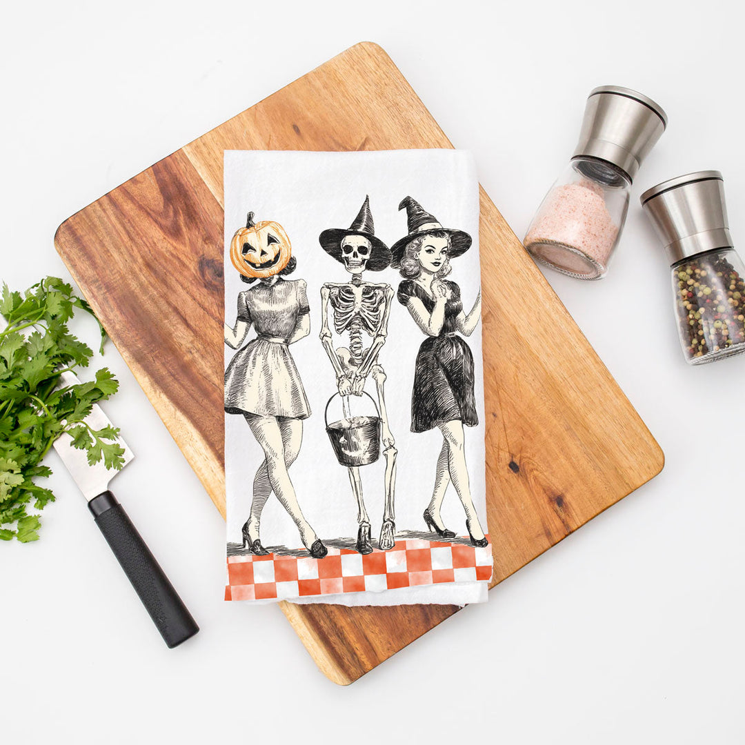 Vintage Halloween Trio Kitchen Tea Towel Pumpkin Skeleton Witch Decor Great Gift
