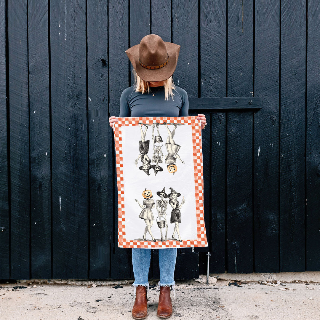 Vintage Halloween Trio Kitchen Tea Towel Pumpkin Skeleton Witch Decor Great Gift
