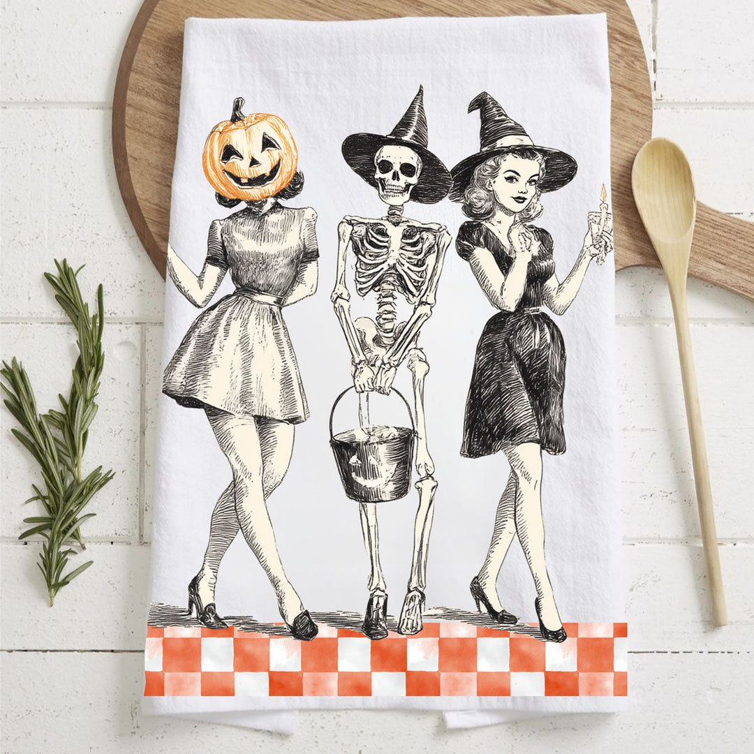 Vintage Halloween Trio Kitchen Tea Towel Pumpkin Skeleton Witch Decor Great Gift