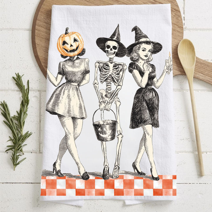 Vintage Halloween Trio Kitchen Tea Towel Pumpkin Skeleton Witch Decor Great Gift