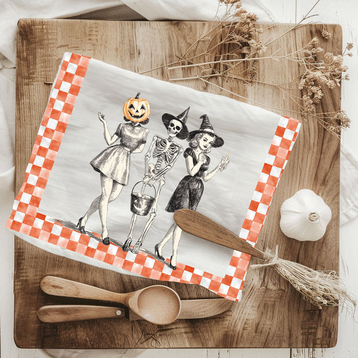 Vintage Halloween Trio Kitchen Tea Towel Pumpkin Skeleton Witch Decor Great Gift