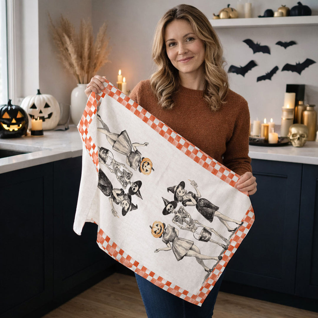 Vintage Halloween Trio Kitchen Tea Towel Pumpkin Skeleton Witch Decor Great Gift