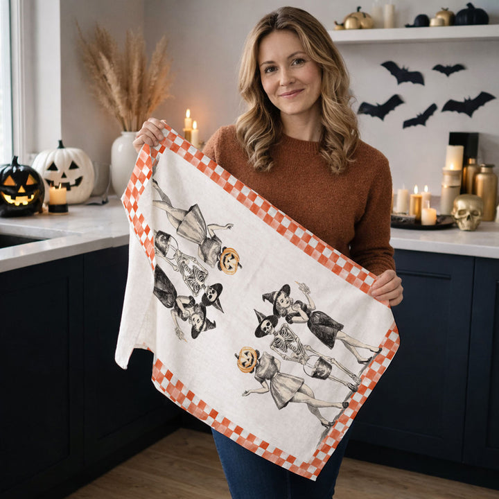 Vintage Halloween Trio Kitchen Tea Towel Pumpkin Skeleton Witch Decor Great Gift