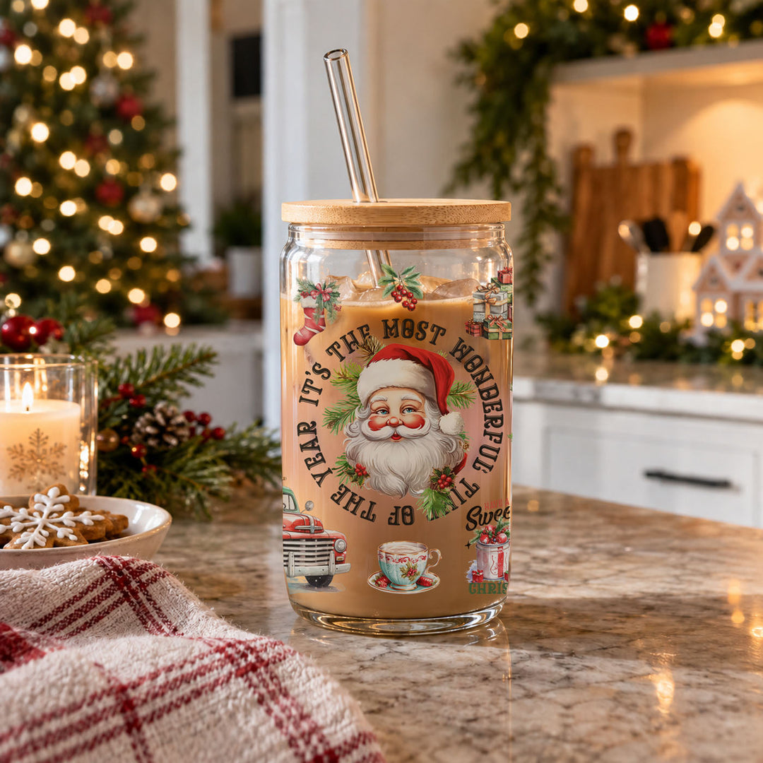 Vintage Christmas Glass Tumbler 17oz Bamboo Lid Straws Holiday Fun Gifts for Her