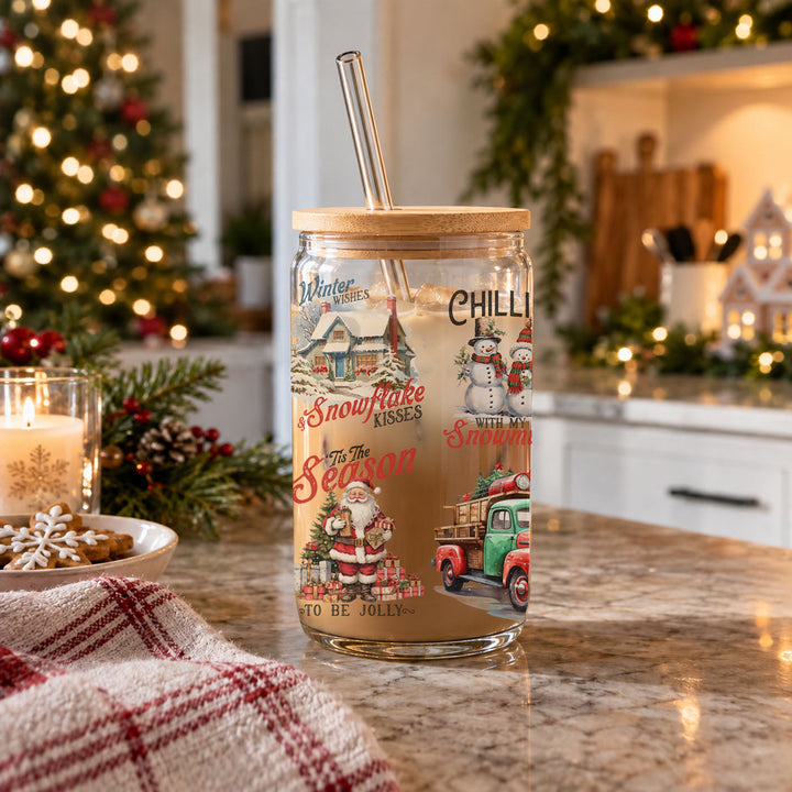 Vintage Christmas Glass Tumbler 17oz Bamboo Lid Straws Holiday Fun Gifts for Her
