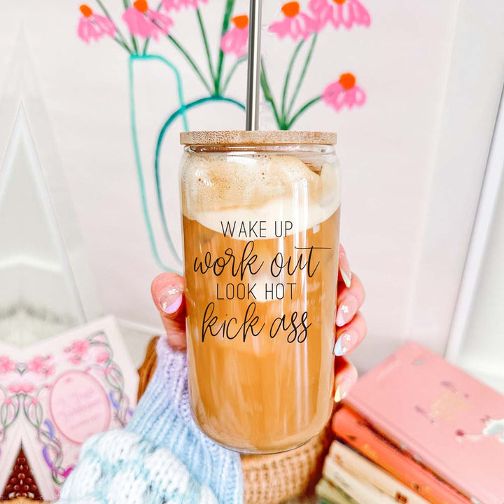 Wake Up Look Hot Glass Tumbler 17oz Bamboo Lid Straws Fun Gift for Coffee Lovers