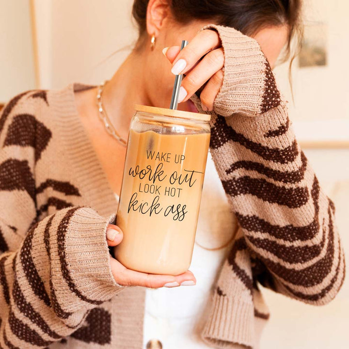 Wake Up Look Hot Glass Tumbler 17oz Bamboo Lid Straws Fun Gift for Coffee Lovers