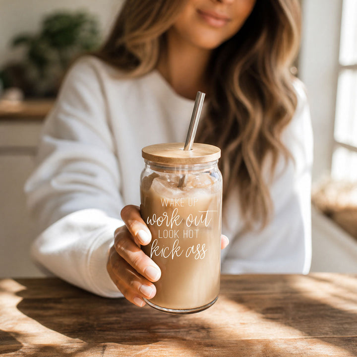 Wake Up Look Hot Glass Tumbler 17oz Bamboo Lid Straws Fun Gift for Coffee Lovers