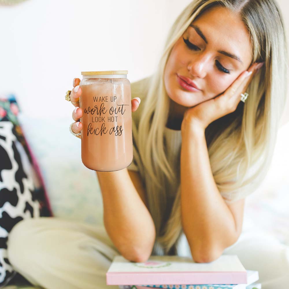 Wake Up Look Hot Glass Tumbler 17oz Bamboo Lid Straws Fun Gift for Coffee Lovers