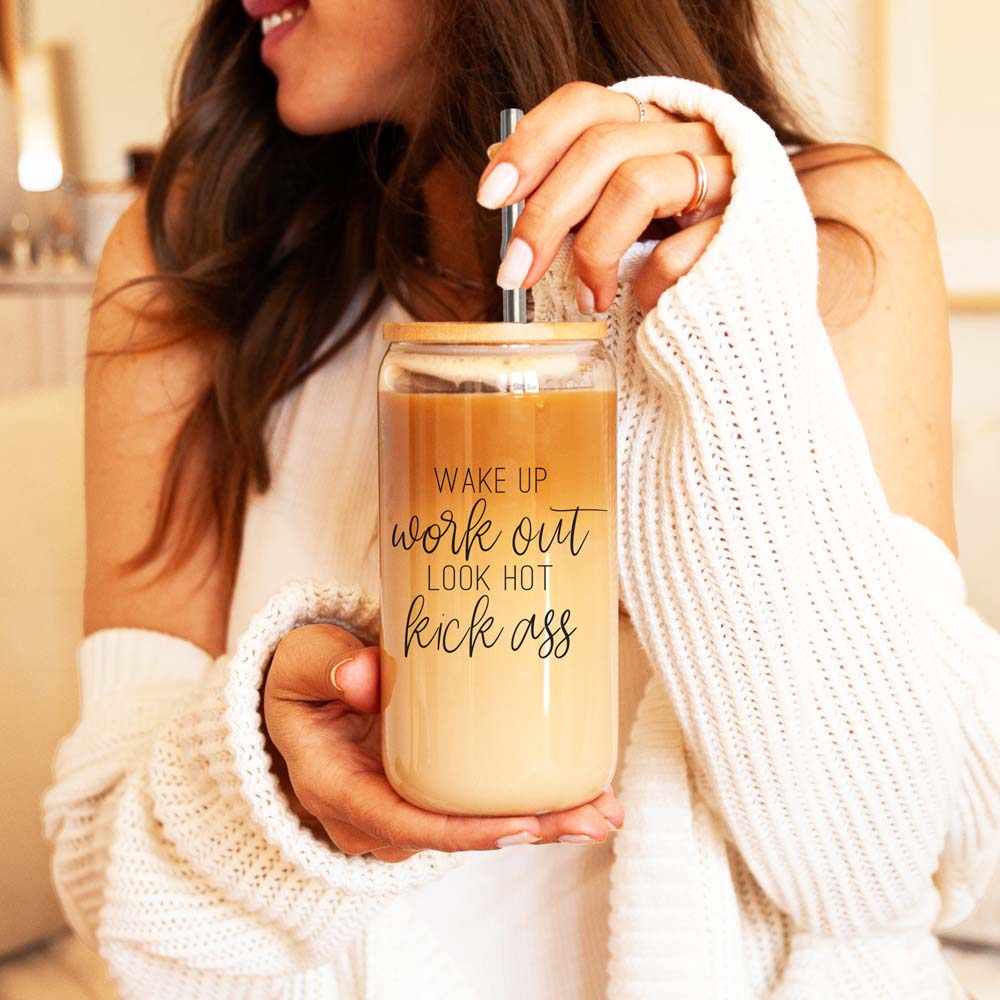 Wake Up Look Hot Glass Tumbler 17oz Bamboo Lid Straws Fun Gift for Coffee Lovers