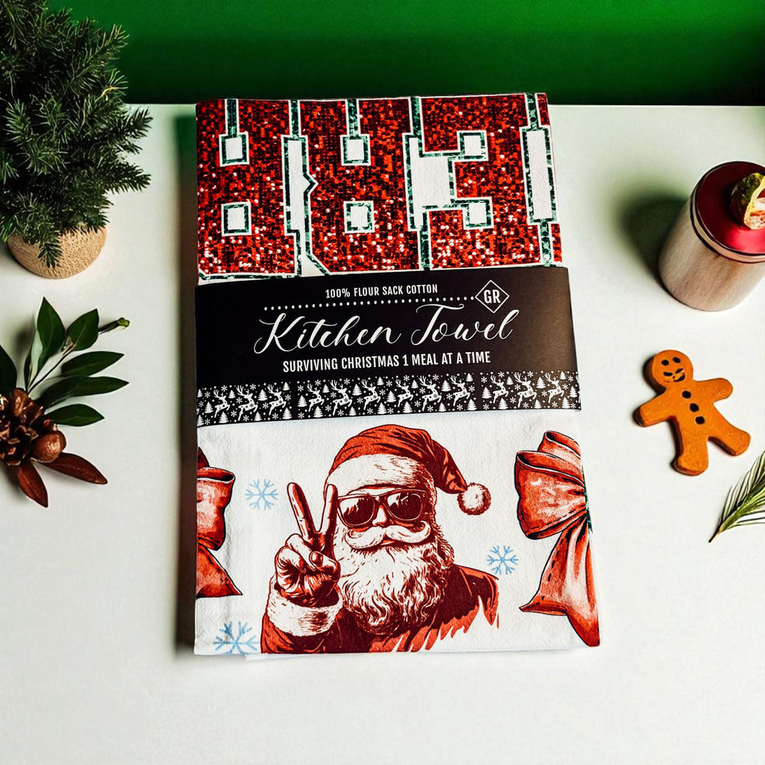 Merry Christmas Cotton Kitchen Tea Towel Santa Bows Holiday Decor Fun Gift Idea