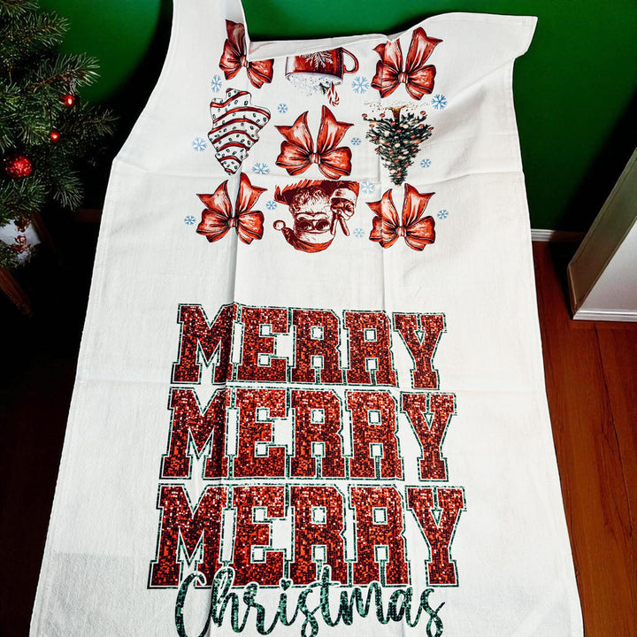 Merry Christmas Cotton Kitchen Tea Towel Santa Bows Holiday Decor Fun Gift Idea