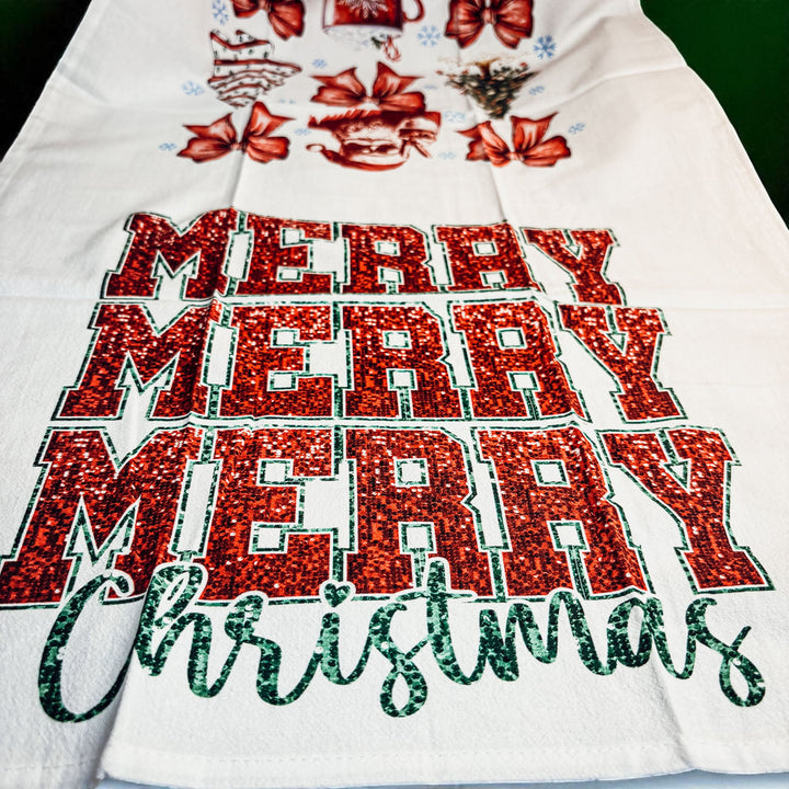 Merry Christmas Cotton Kitchen Tea Towel Santa Bows Holiday Decor Fun Gift Idea