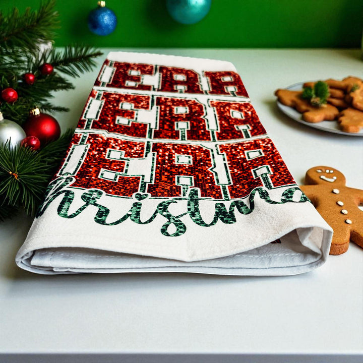 Merry Christmas Cotton Kitchen Tea Towel Santa Bows Holiday Decor Fun Gift Idea
