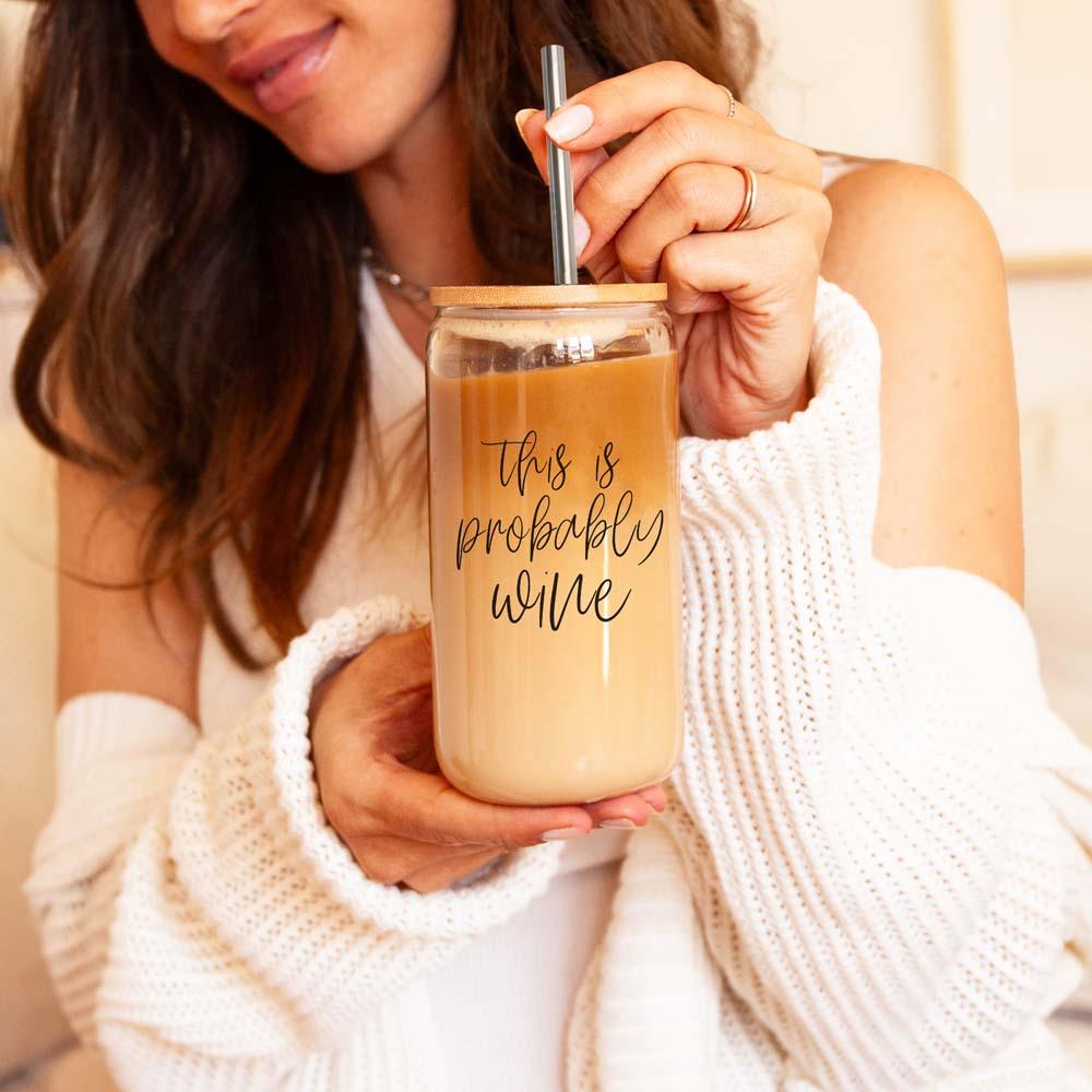 Probably Wine Glass Tumbler 17oz Bamboo Lid Straws Fun Gift for Family &amp; Friends