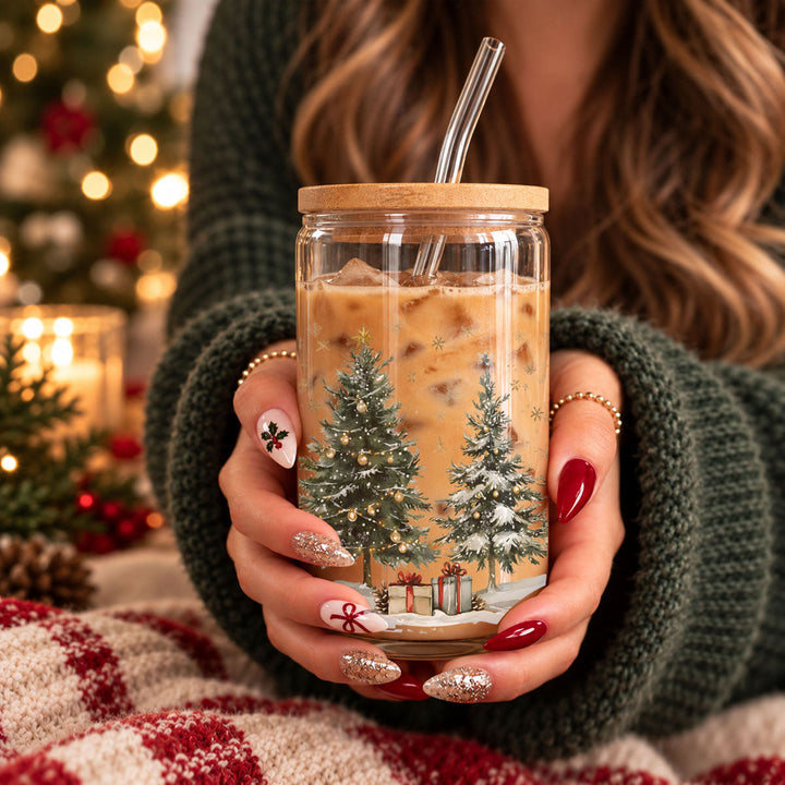 Oh Christmas Tree Glass Tumbler 17oz Bamboo Lid Straw Holiday Great Holiday Gift