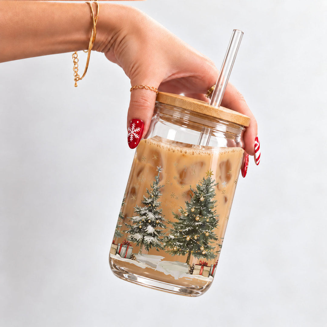 Oh Christmas Tree Glass Tumbler 17oz Bamboo Lid Straw Holiday Great Holiday Gift