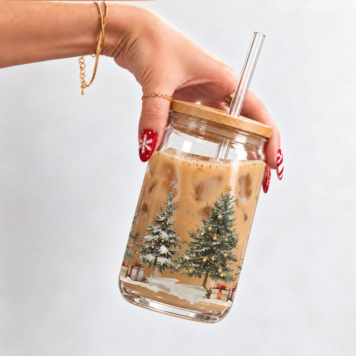 Oh Christmas Tree Glass Tumbler 17oz Bamboo Lid Straw Holiday Great Holiday Gift
