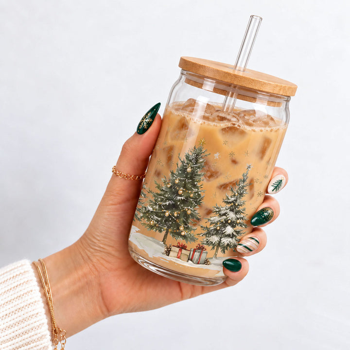 Oh Christmas Tree Glass Tumbler 17oz Bamboo Lid Straw Holiday Great Holiday Gift