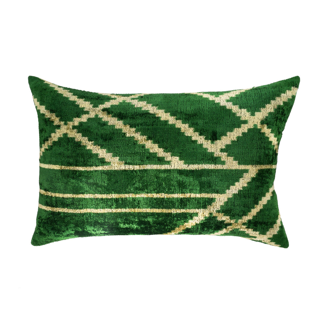 Woodlands Green Silk Velvet Ikat Pillow Cover, 16 x 24