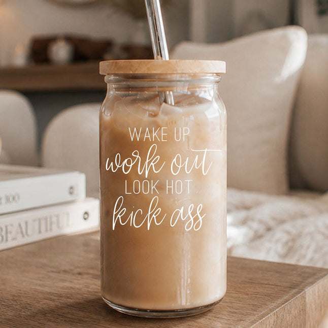 Wake Up Look Hot Glass Tumbler 17oz Bamboo Lid Straws Fun Gift for Coffee Lovers