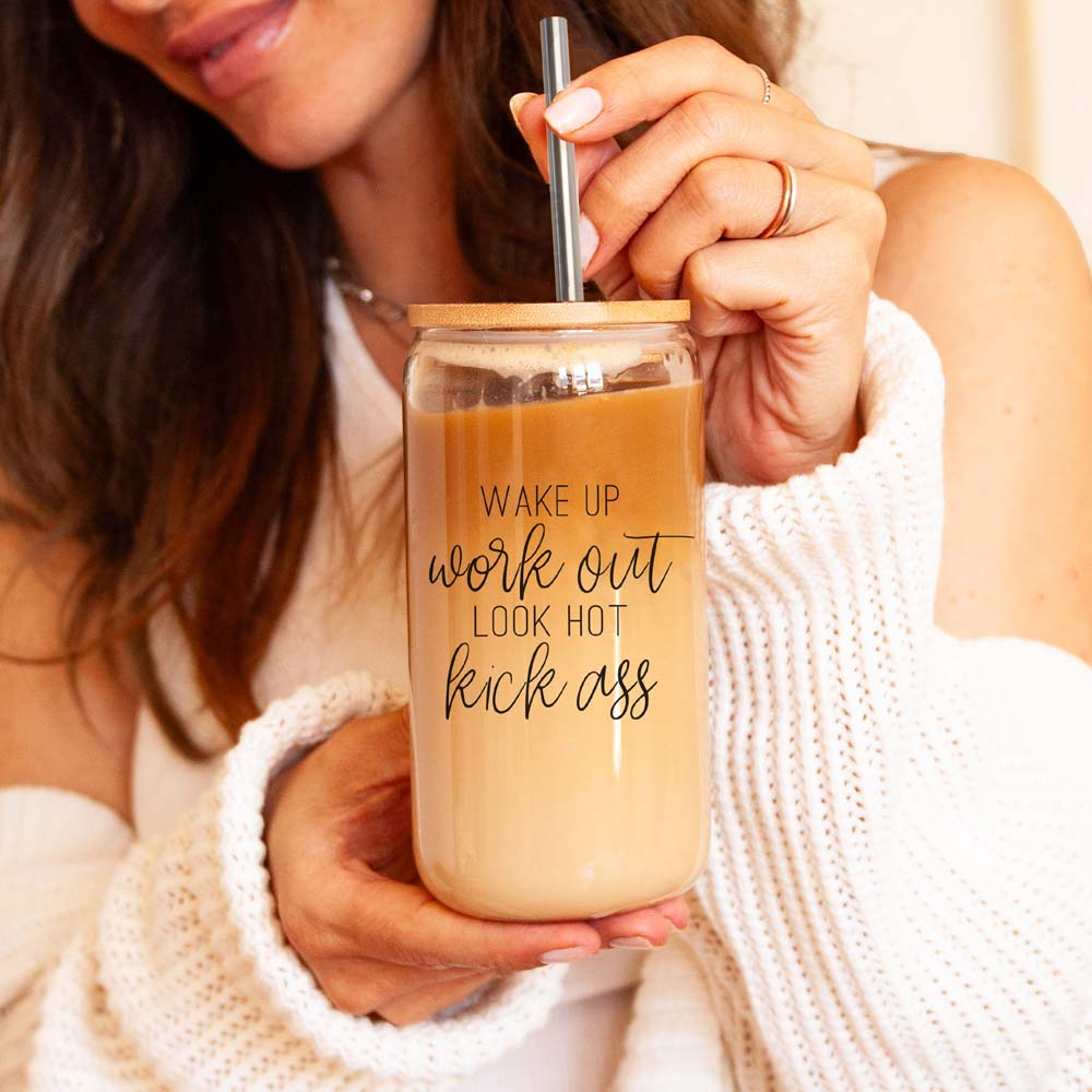 Wake Up Look Hot Glass Tumbler 17oz Bamboo Lid Straws Fun Gift for Coffee Lovers