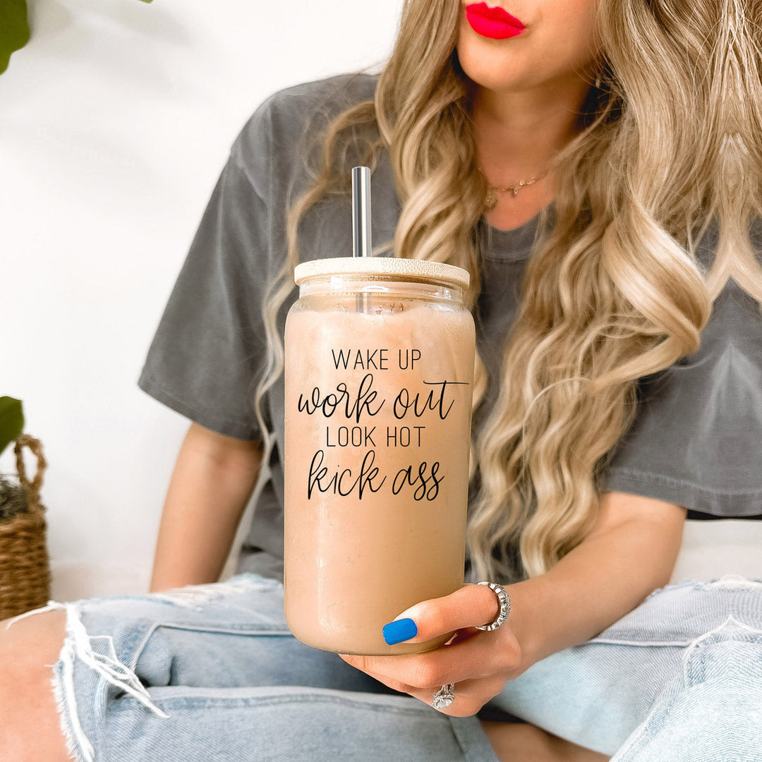 Wake Up Look Hot Glass Tumbler 17oz Bamboo Lid Straws Fun Gift for Coffee Lovers