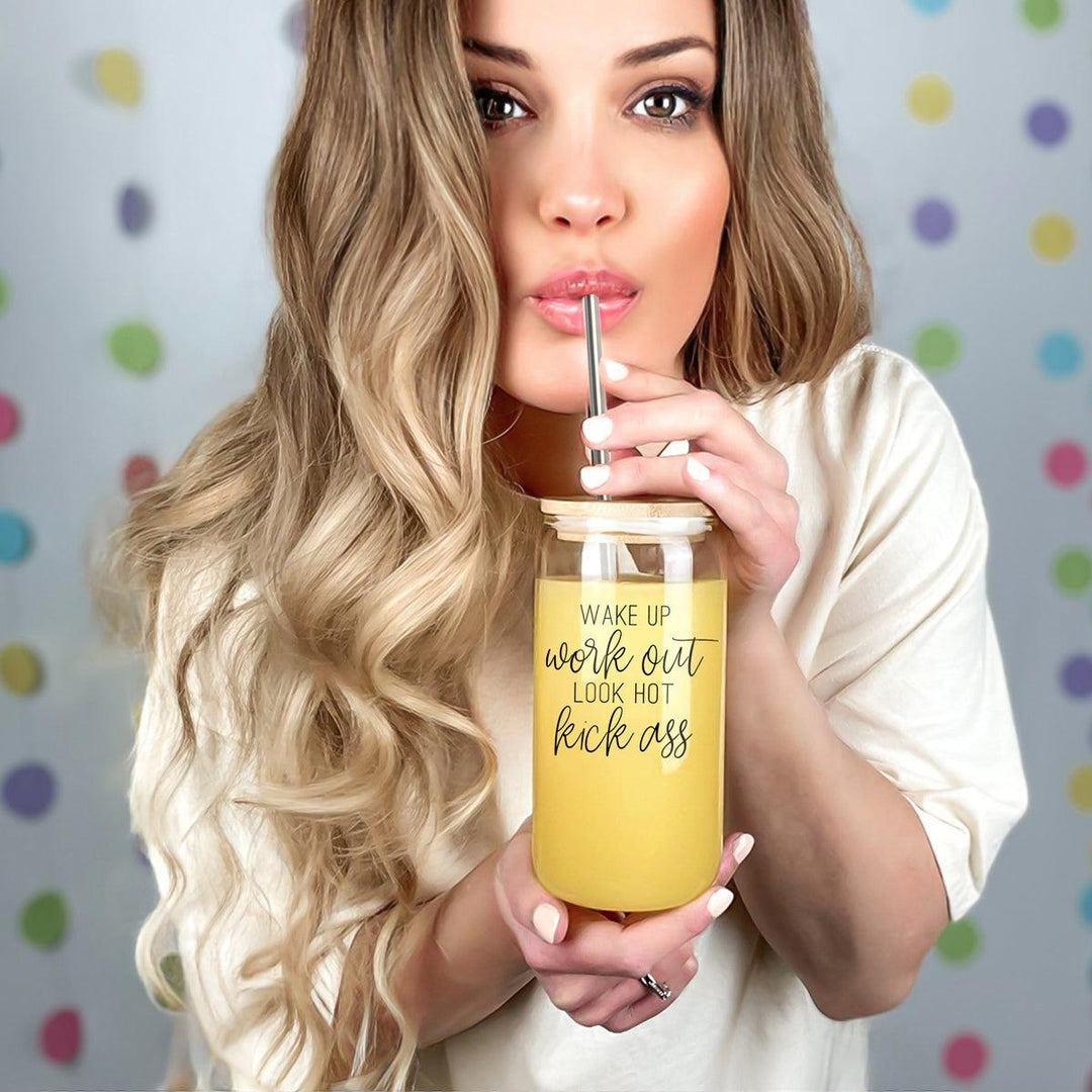 Wake Up Look Hot Glass Tumbler 17oz Bamboo Lid Straws Fun Gift for Coffee Lovers