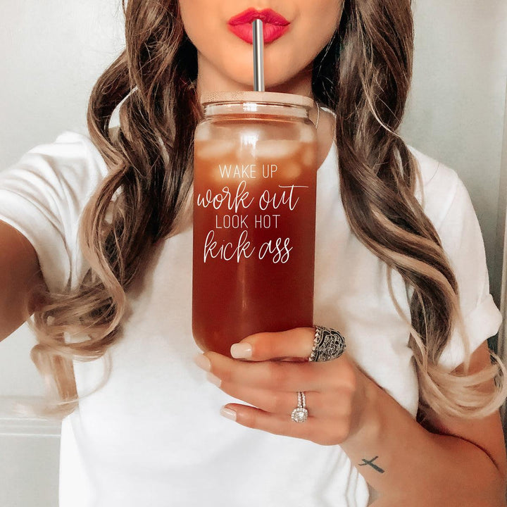 Wake Up Look Hot Glass Tumbler 17oz Bamboo Lid Straws Fun Gift for Coffee Lovers
