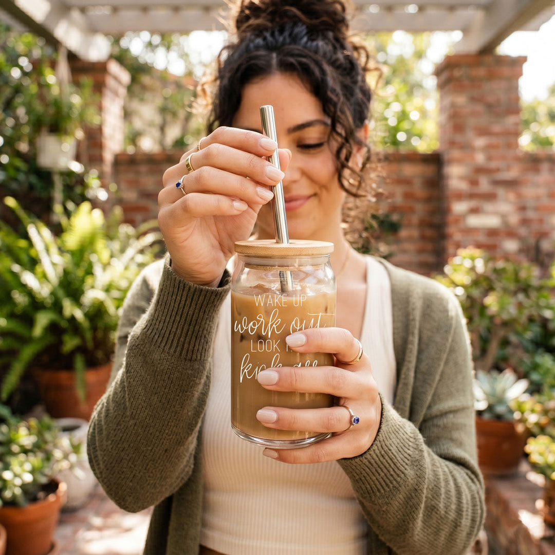 Wake Up Look Hot Glass Tumbler 17oz Bamboo Lid Straws Fun Gift for Coffee Lovers