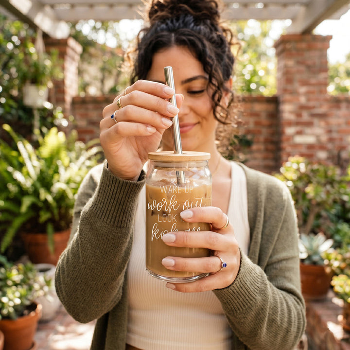 Wake Up Look Hot Glass Tumbler 17oz Bamboo Lid Straws Fun Gift for Coffee Lovers