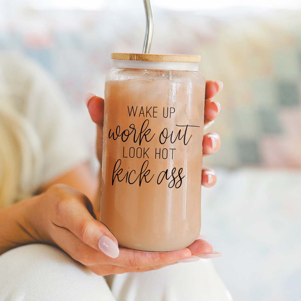 Wake Up Look Hot Glass Tumbler 17oz Bamboo Lid Straws Fun Gift for Coffee Lovers