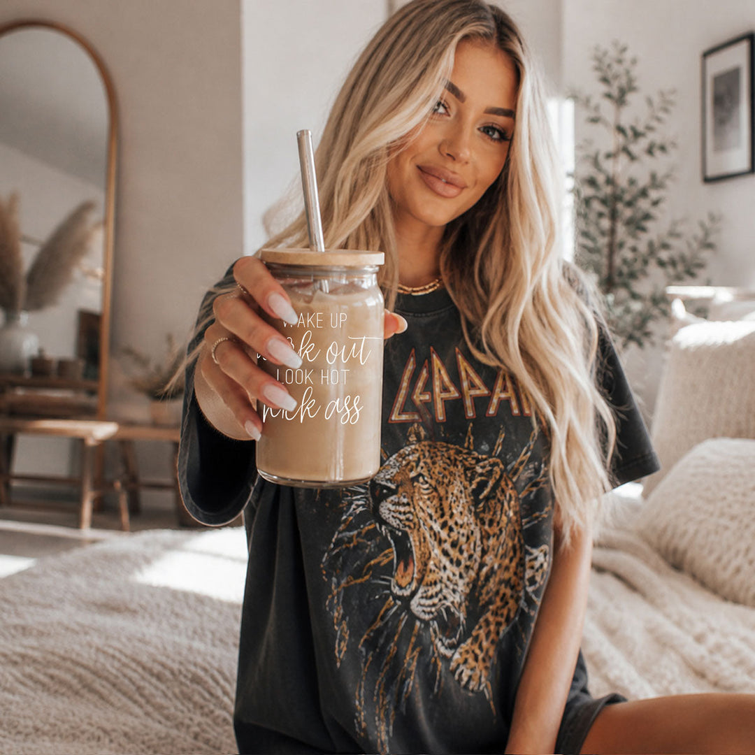 Wake Up Look Hot Glass Tumbler 17oz Bamboo Lid Straws Fun Gift for Coffee Lovers