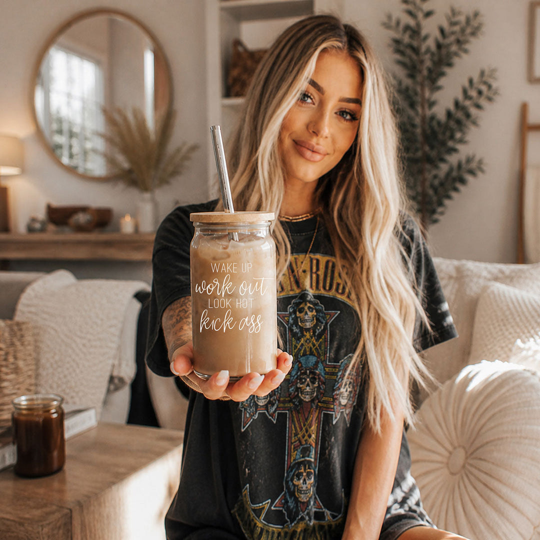 Wake Up Look Hot Glass Tumbler 17oz Bamboo Lid Straws Fun Gift for Coffee Lovers