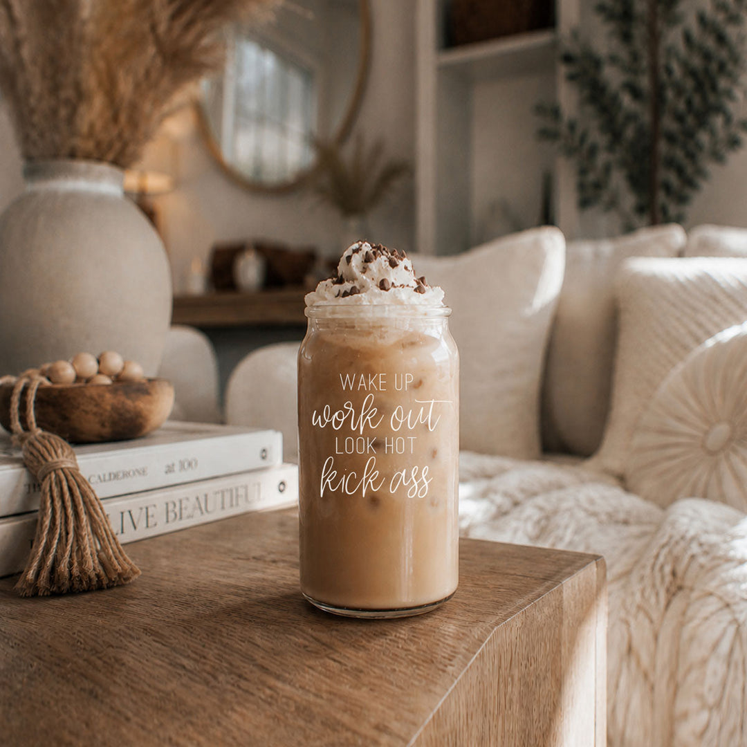Wake Up Look Hot Glass Tumbler 17oz Bamboo Lid Straws Fun Gift for Coffee Lovers