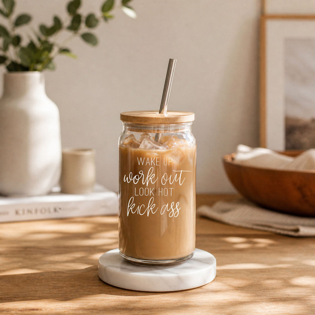 Wake Up Look Hot Glass Tumbler 17oz Bamboo Lid Straws Fun Gift for Coffee Lovers