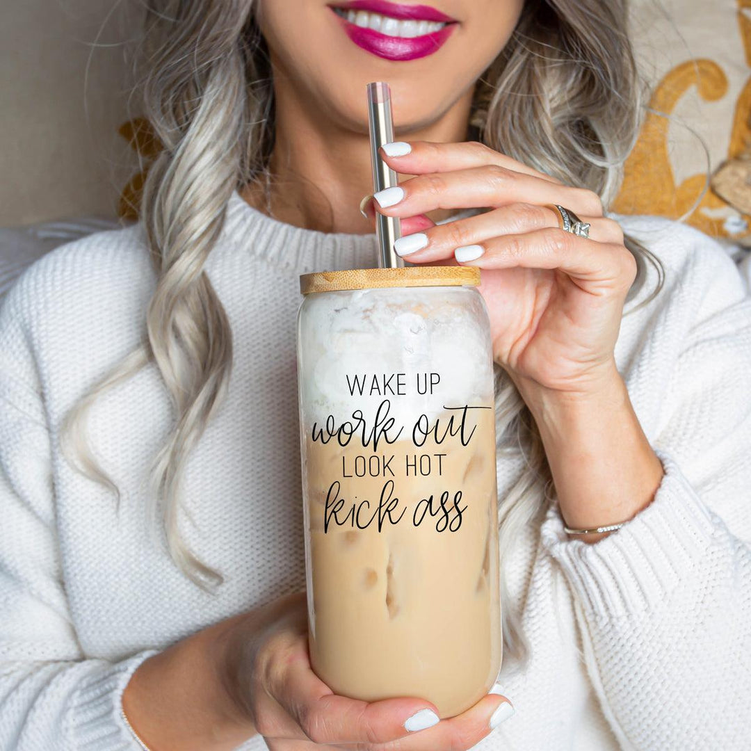 Wake Up Look Hot Glass Tumbler 17oz Bamboo Lid Straws Fun Gift for Coffee Lovers