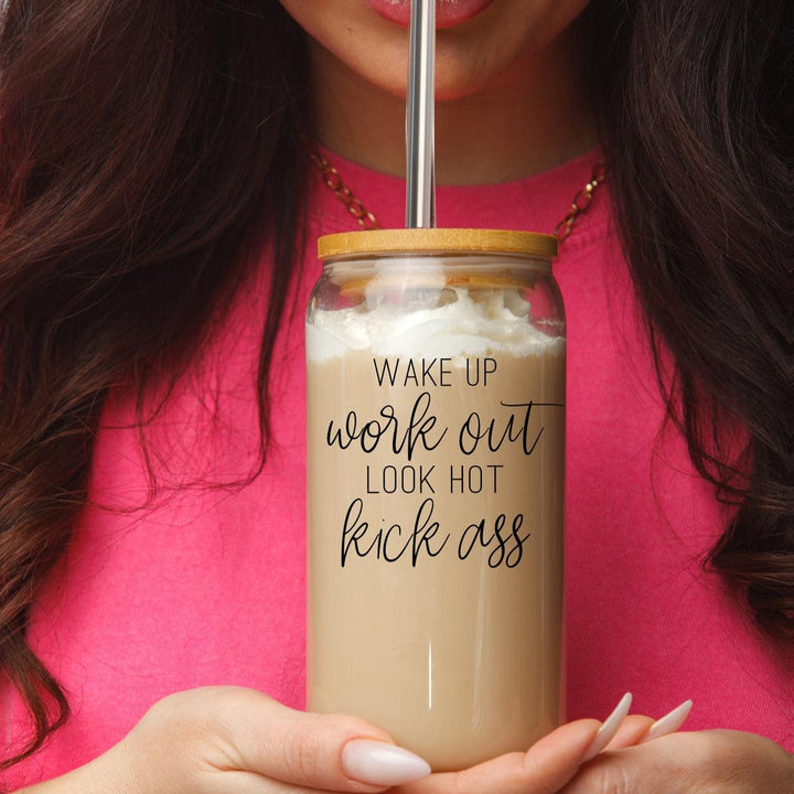 Wake Up Look Hot Glass Tumbler 17oz Bamboo Lid Straws Fun Gift for Coffee Lovers
