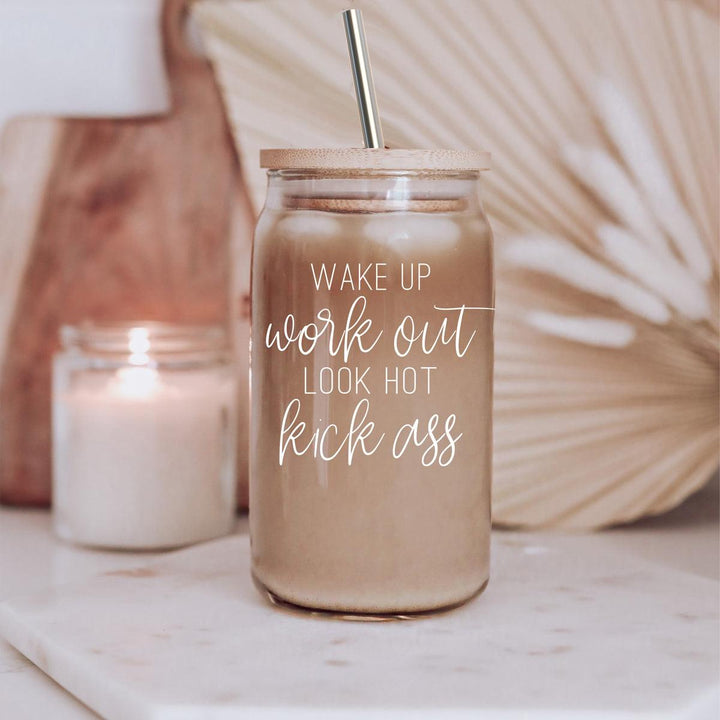 Wake Up Look Hot Glass Tumbler 17oz Bamboo Lid Straws Fun Gift for Coffee Lovers